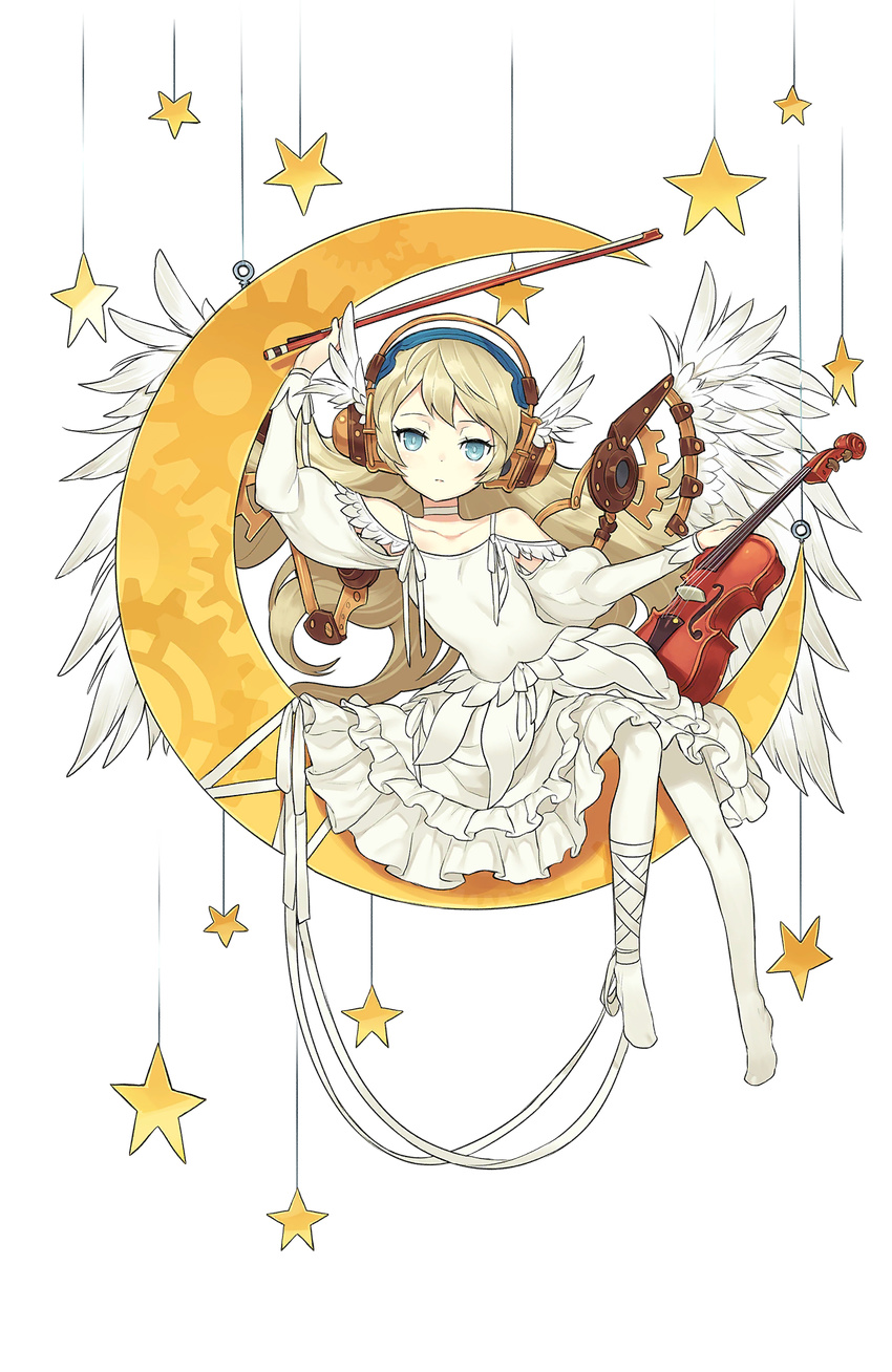 alicia_northend arm_up blue_eyes bow_(instrument) crescent_moon dress frilled_dress frills full_body headphones highres instrument light_brown_hair long_hair looking_at_viewer moon official_art pantyhose princess_principal princess_principal_game_of_mission sitting solo star transparent_background very_long_hair violin white_dress white_legwear white_neckwear white_wings wings