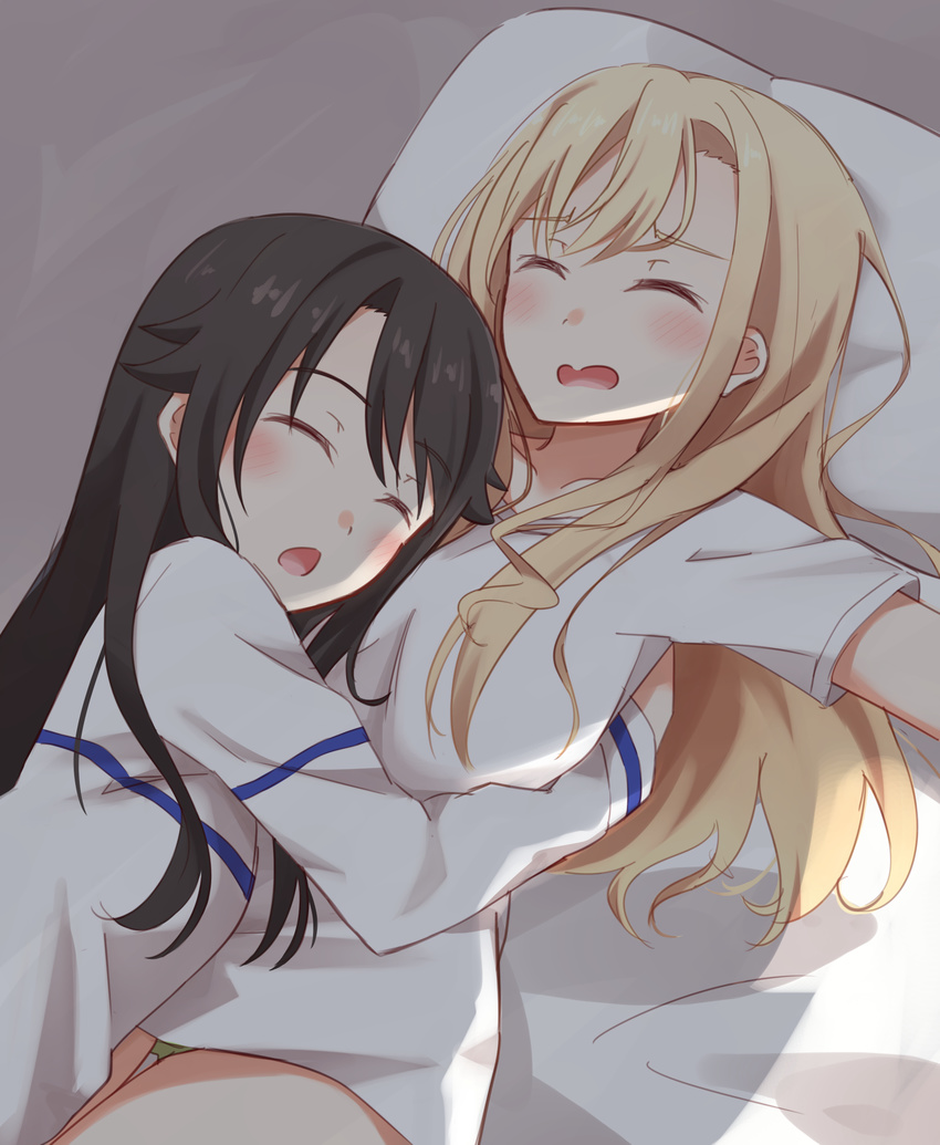 black_hair blonde_hair blush closed_eyes commentary_request high_school_fleet highres kapatarou long_hair long_sleeves multiple_girls munetani_mashiro on_bed open_mouth pajamas shirt short_sleeves sleeping white_shirt wilhelmina_braunschweig_ingenohl_friedeburg yuri