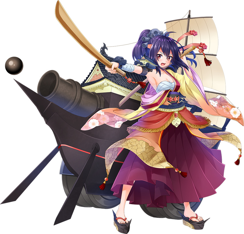 :o ahoge akashi_(oshiro_project) blush breasts cannon cleavage full_body hachimaki hadanugi_dousa hair_ornament hakama_skirt headband holding holding_sword holding_weapon japanese_clothes kanna_(chaos966) looking_at_viewer medium_breasts mismatched_sleeves oshiro_project oshiro_project_re platform_footwear pleated_skirt purple_hair red_eyes sarashi sheath sheathed skirt smile solo sword transparent_background v-shaped_eyebrows weapon