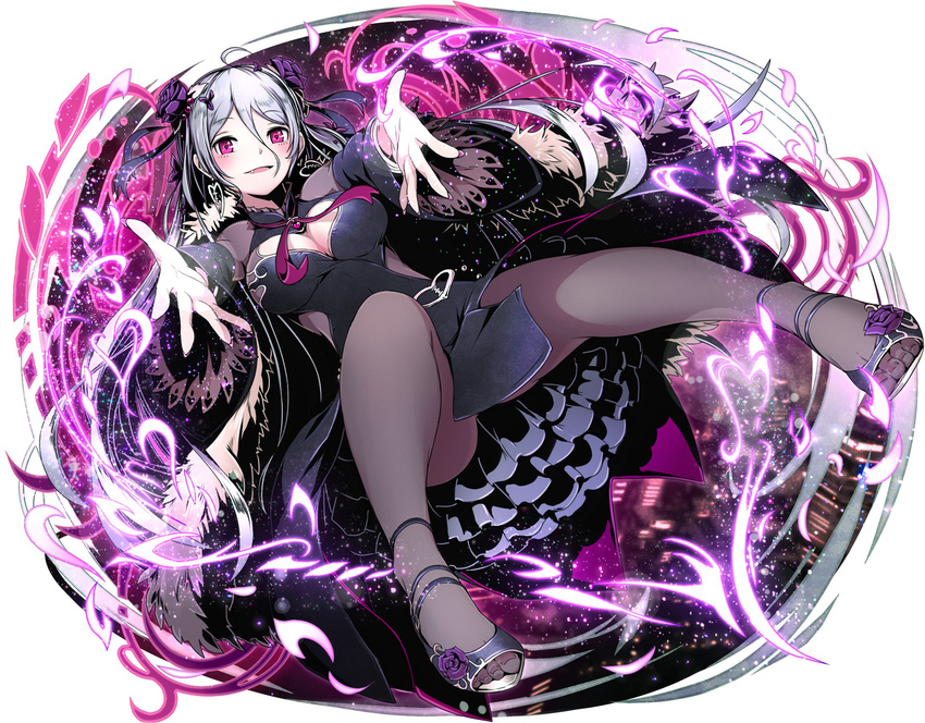 :d ahoge black_dress black_legwear black_ribbon breasts cleavage cleavage_cutout divine_gate dress eyebrows_visible_through_hair fang floating_hair flower full_body hair_between_eyes hair_flower hair_ornament hair_ribbon highres long_hair medium_breasts open_mouth pantyhose purple_flower red_eyes ribbon silver_hair simple_background smile solo ucmm very_long_hair white_background