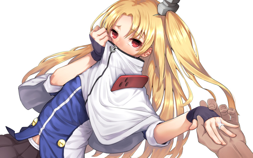 1girl azur_lane black_gloves black_skirt blonde_hair blush capelet cleveland_(azur_lane) covering_mouth dutch_angle fingerless_gloves gloves jewelry long_hair looking_at_viewer object9991 one_side_up pleated_skirt red_eyes ring skirt sleeves_rolled_up solo_focus wedding_band white_capelet