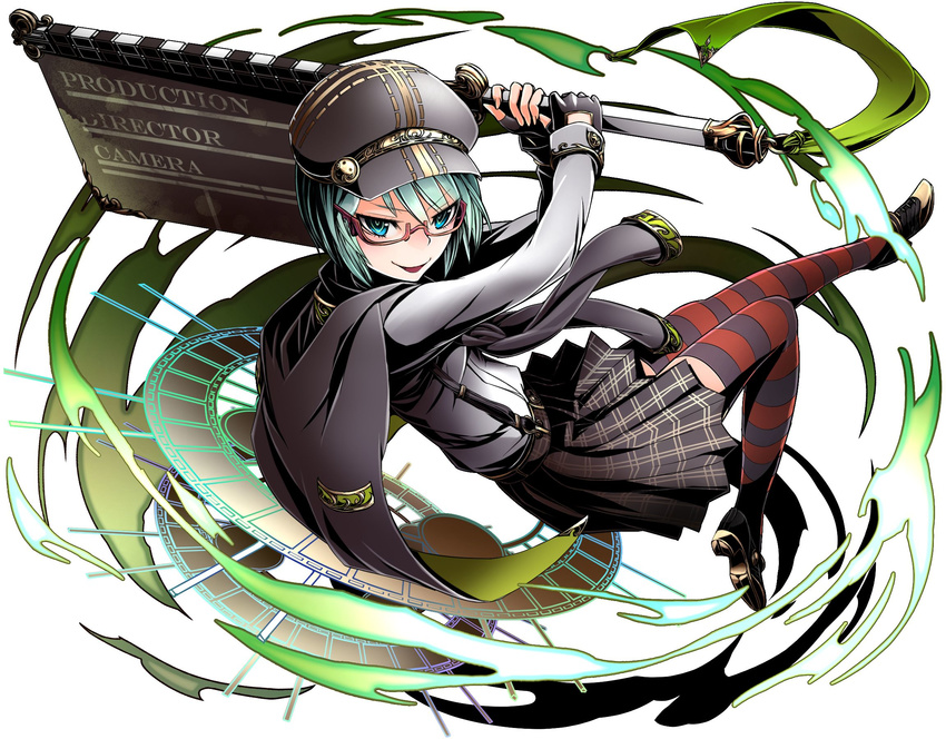 aqua_hair black_gloves black_skirt blue_eyes divine_gate eyebrows_visible_through_hair fingerless_gloves glasses gloves hair_between_eyes highres holding holding_weapon miniskirt pleated_skirt red-framed_eyewear short_hair simple_background skirt solo striped striped_legwear thighhighs ucmm weapon white_background zettai_ryouiki