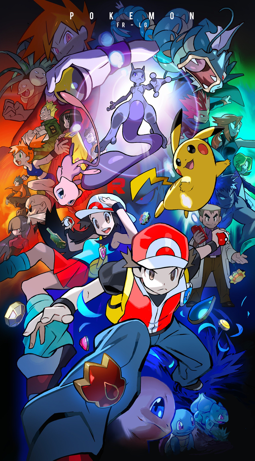 bald baseball_cap blue_(pokemon) boulder_badge cascade_badge earth_badge elite_four exeggutor gen_1_pokemon gyarados hat highres holding holding_poke_ball kanna_(pokemon) kasumi_(pokemon) katsura_(pokemon) kikuko_(pokemon) kyou_(pokemon) marsh_badge matis_(pokemon) medium_hair mewtwo multiple_boys multiple_girls natsume_(pokemon) official_style ookido_green ookido_yukinari pale_skin pikachu poke_ball poke_ball_(generic) pokedex pokemon pokemon_(creature) pokemon_(game) pokemon_frlg rainbow_badge red_(pokemon) shiba_(pokemon) short_hair skirt soul_badge text_focus thunder_badge tokiya ultra_ball volcano_badge vs_seeker wataru_(pokemon)