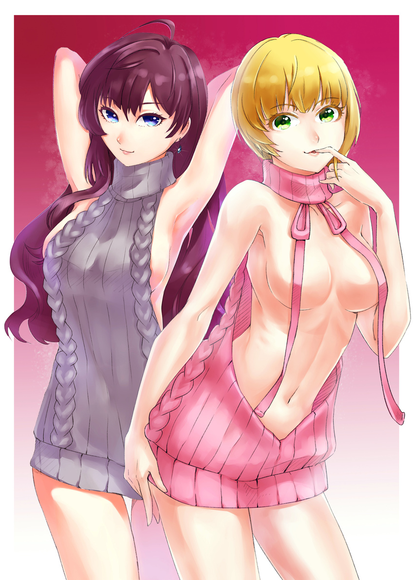 absurdres ahoge akatsuki_suzumi aran_sweater armpits arms_behind_head backless_dress backless_outfit bangs blonde_hair blue_eyes breasts breasts_apart contrapposto convenient_censoring cowboy_shot drawstring dress earrings finger_to_mouth green_eyes grey_sweater highres ichinose_shiki idolmaster idolmaster_cinderella_girls jewelry lazy_lazy_(idolmaster) light_smile lips long_hair medium_breasts meme_attire miyamoto_frederica multiple_girls naked_sweater navel no_bra parted_lips pink_lips pink_sweater purple_background purple_hair ribbed_sweater short_hair sideboob standing sweater sweater_dress thigh_gap turtleneck turtleneck_sweater virgin_killer_sweater wardrobe_error wavy_hair