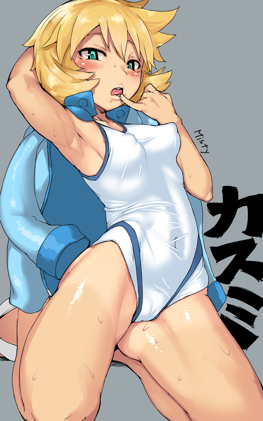 absurdres arm_behind_head armpits blue_eyes blush breasts cameltoe covered_navel covered_nipples dated highres imazon jacket jacket_removed kasumi_(pokemon) kneeling looking_at_viewer one-piece_swimsuit orange_hair parted_lips perky_breasts pokemon pokemon_(game) pokemon_hgss small_breasts solo swimsuit tongue tongue_out wet