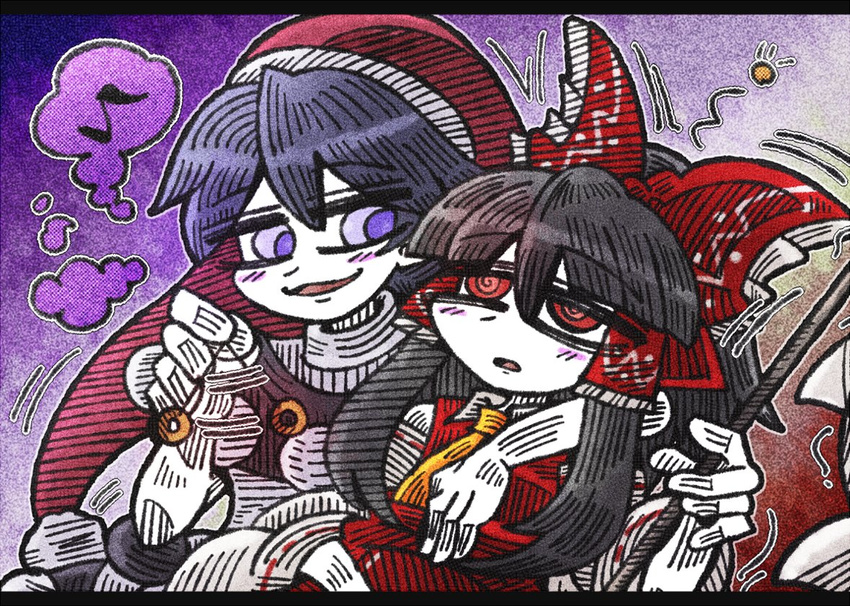 al_bhed_eyes bangs black_hair blue_eyes blue_hair blunt_bangs blush_stickers bow detached_sleeves doremy_sweet eighth_note eyebrows_visible_through_hair frilled_bow frills gohei hair_between_eyes hair_bow hair_tubes hakurei_reimu hand_around_neck hat hypnosis line_shading mind_control multiple_girls musical_note nightcap open_mouth pom_pom_(clothes) red_bow red_eyes red_hat sidelocks sleepy smile suenari_(peace) touhou turtleneck two-tone_background white_skin wide_sleeves