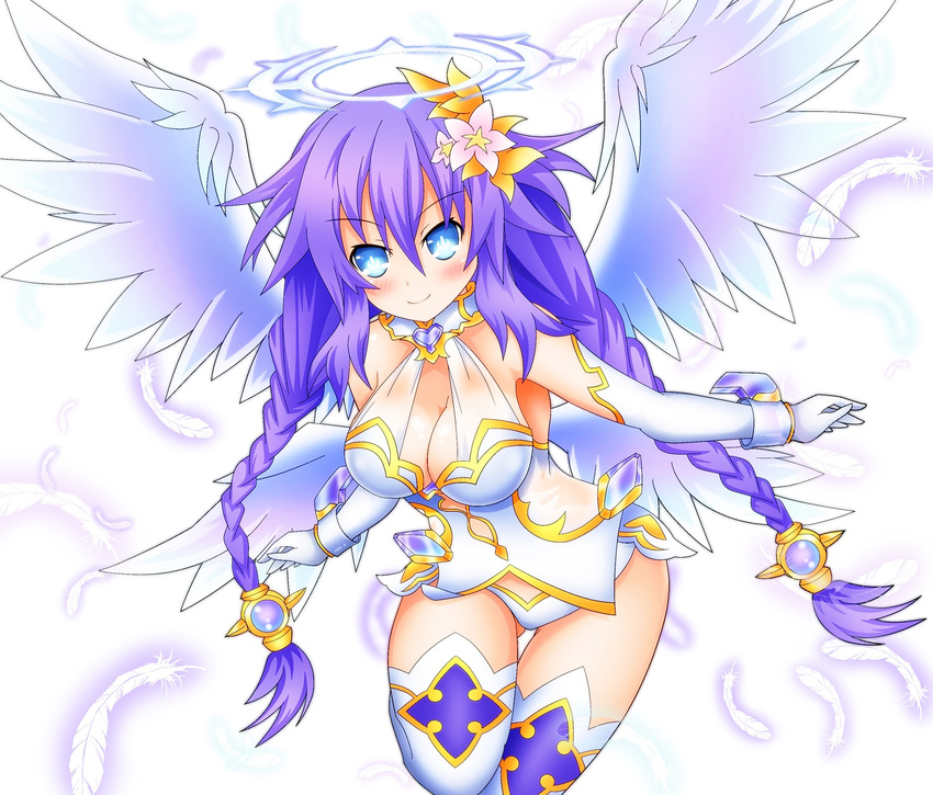 angel_wings artist_name blue_eyes braid breasts cleavage closed_mouth cowboy_shot flower four_goddesses_online:_cyber_dimension_neptune gloves hair_flower hair_ornament halo highres kyou large_breasts long_hair looking_at_viewer neptune_(series) power_symbol purple_hair purple_heart smile solo symbol-shaped_pupils tied_hair twin_braids very_long_hair wings