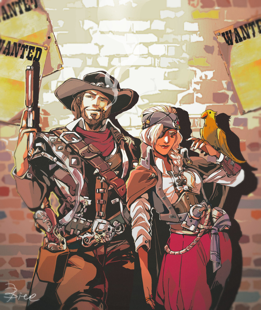 1girl absurdres alternate_costume ana_(overwatch) beard belt bird bite_(yaowww0) brown_hair cigar corsair_ana eyepatch facial_hair grey_hair gun handgun hat headband highres holding holding_gun holding_weapon holster jewelry looking_at_viewer mccree_(overwatch) nail_polish open_collar overwatch parrot ring smile smoke strap van_helsing_mccree wall wanted weapon