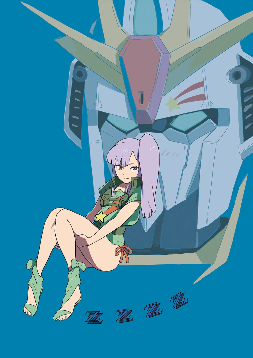 absurdres bangs bare_legs blue_background blunt_bangs gundam gundam_zz highres leotard long_hair mecha mobile_suit oomura_yuusuke purple_hair ribbon roux_louka sandals side_ponytail smile solo vest zeta_gundam_(mobile_suit)