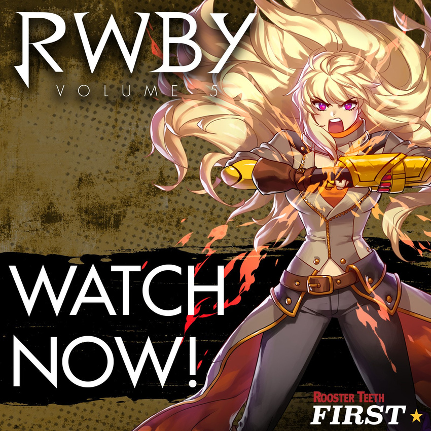 blonde_hair commentary ein_lee ember_celica_(rwby) english highres long_hair official_art prosthesis prosthetic_arm purple_eyes roosterteeth rwby solo yang_xiao_long