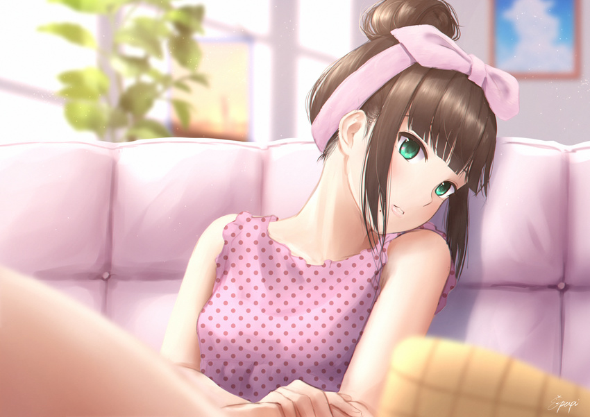 artist_name bangs bare_shoulders blunt_bangs blurry blush brown_hair couch depth_of_field dress green_eyes hair_bun hair_ribbon hairband hand_on_own_arm head_tilt indoors kurosawa_dia living_room long_hair looking_at_viewer love_live! love_live!_sunshine!! mole mole_under_mouth on_couch papi_(papiron100) parted_lips pillow pink_dress pink_hairband pink_ribbon plant polka_dot polka_dot_dress potted_plant ribbon sidelocks sleeveless sleeveless_dress solo upper_body