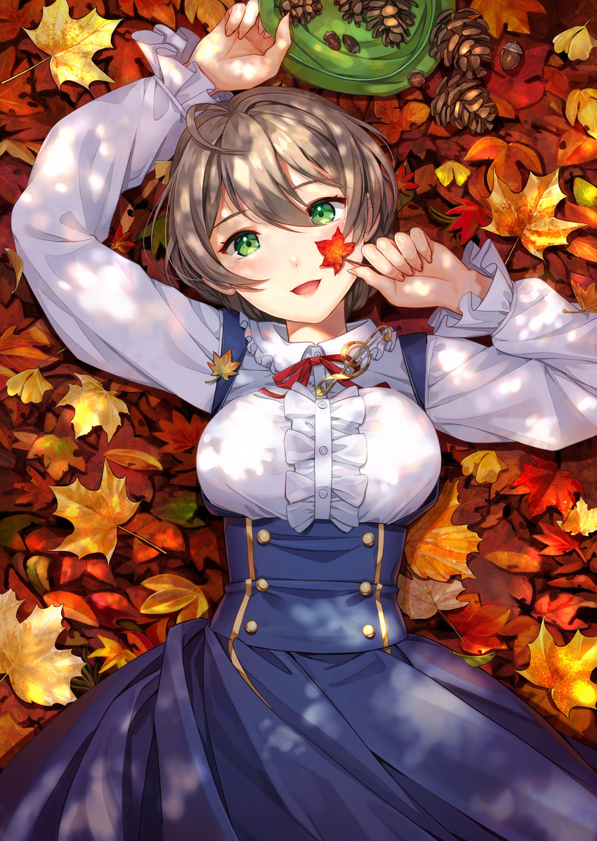 absurdres acorn ahoge autumn_leaves blush braid breasts brown_hair commentary_request frilled_sleeves frills green_eyes highres idolmaster idolmaster_million_live! idolmaster_million_live!_theater_days joey_koguma large_breasts light_brown_hair looking_at_viewer lying on_back open_mouth pinecone sakuramori_kaori short_hair smile solo tied_hair treble_clef underbust
