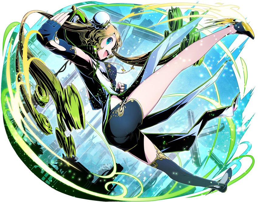 :d aqua_eyes armpits asymmetrical_legwear black_shorts blonde_hair blue_gloves clenched_hand divine_gate double_bun elbow_gloves fingerless_gloves full_body gloves green_hair highres long_hair looking_at_viewer multicolored_hair open_mouth outstretched_arm shadow short_shorts short_sleeves shorts simple_background smile solo thighhighs two-tone_hair ucmm very_long_hair white_background
