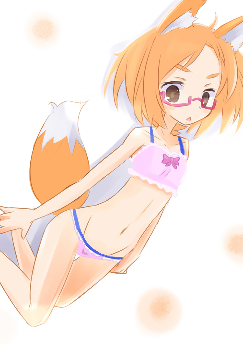 10s 1girl :o animal_ears bra brown_eyes child collarbone dog_ears dog_tail dorasan female glasses highres lingerie open_mouth orange_hair precure shirabe_ako short_hair solo suite_precure tail under-rim_glasses underwear underwear_only