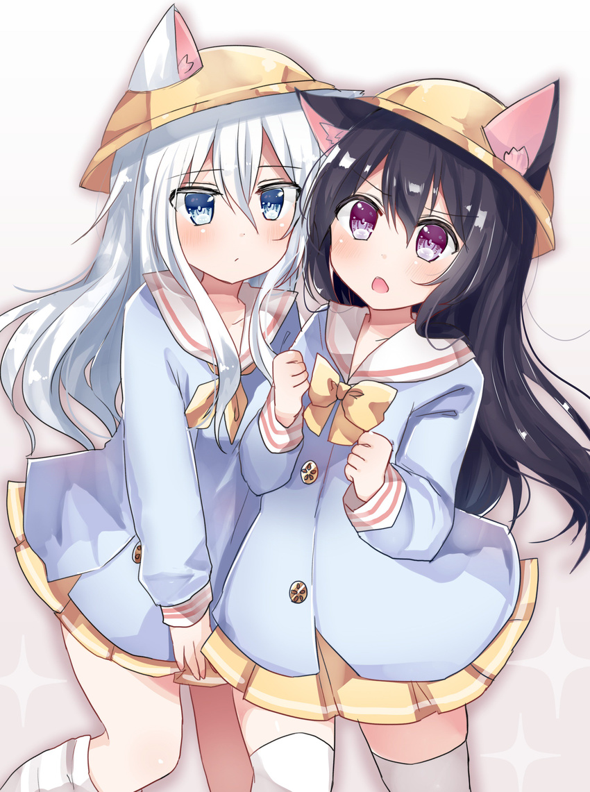 absurdres akatsuki_(kantai_collection) animal_ear_fluff animal_ears azur_lane bangs black_hair blue_eyes blue_shirt bow bowtie brown_background cat_ears clenched_hands closed_mouth commentary_request cosplay ears_through_headwear eyebrows_visible_through_hair gradient gradient_background hair_between_eyes hat hibiki_(kantai_collection) highres kantai_collection kemonomimi_mode kindergarten_uniform kisaragi_(azur_lane) kisaragi_(azur_lane)_(cosplay) long_hair long_sleeves looking_at_viewer loose_socks multiple_girls mutsuki_(azur_lane) mutsuki_(azur_lane)_(cosplay) namekuji_(namekuzu) neckerchief open_mouth pleated_skirt purple_eyes sailor_collar school_hat shirt silver_hair skirt sleeves_past_wrists sparkle standing standing_on_one_leg thighhighs very_long_hair white_background white_legwear white_sailor_collar yellow_hat yellow_neckwear yellow_skirt
