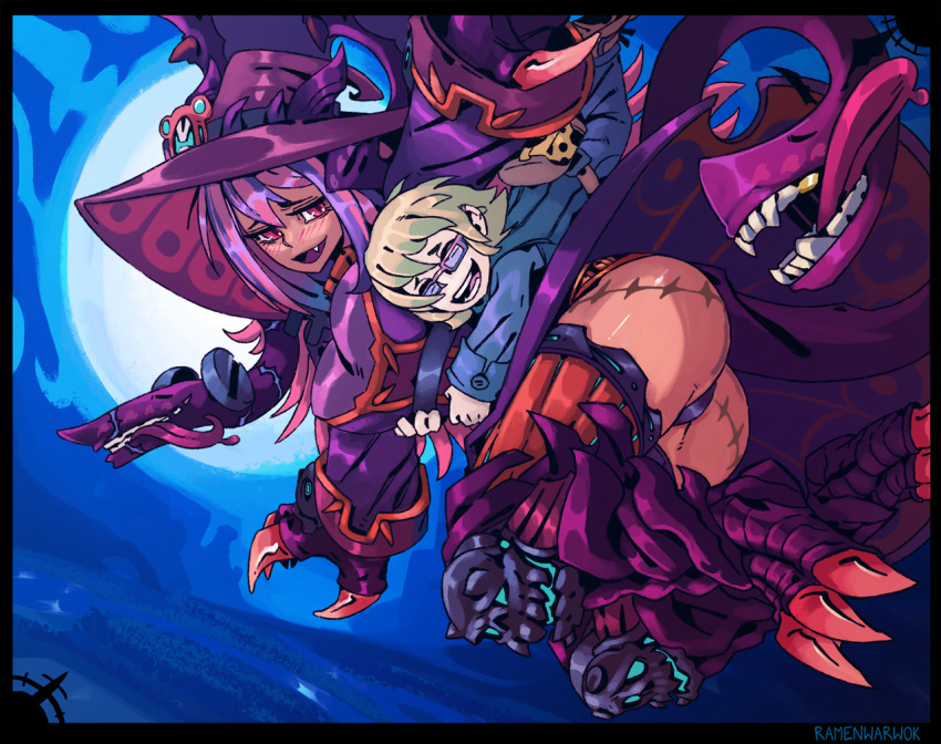 1girl :d ass blonde_hair blush claws commentary commission commissioner_insert dark_skin dragon_horns dragon_tail dragon_wings english_commentary flying full_moon glasses halloween hat head_fins horns horns_through_headwear hug hug_from_behind jabberwock_(monster_girl_encyclopedia) monster_girl monster_girl_encyclopedia moon open_mouth outdoors panties purple_hat purple_panties ramenwarwok red_eyes scar smile tail tentacles underwear wings witch witch_hat