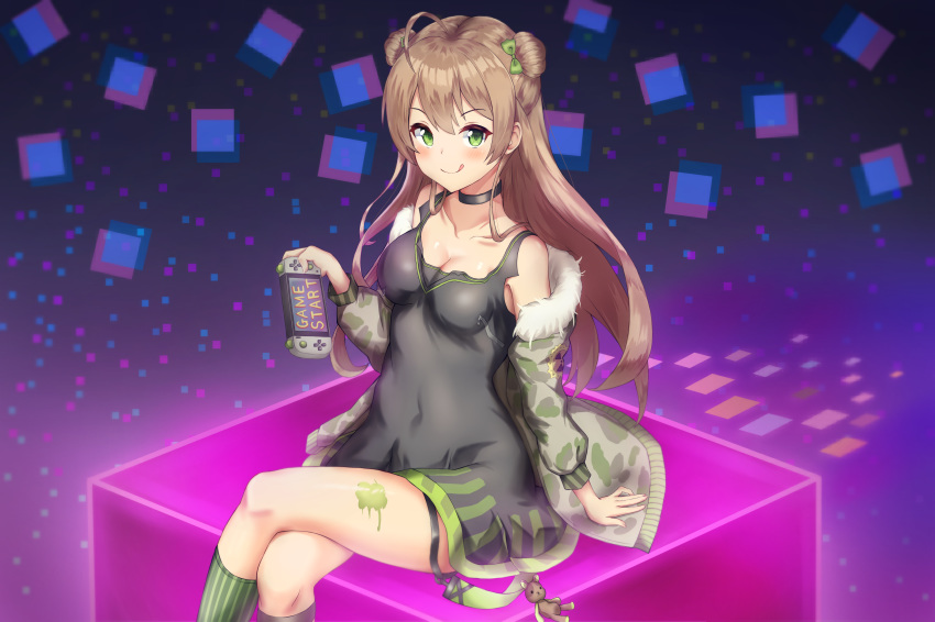 1girl :q absurdres ahoge angdo_(kakajo26) arm_support bangs bare_shoulders black_choker black_dress blush bow breasts brown_hair camouflage_jacket choker cleavage closed_mouth collarbone commentary_request covered_navel doll double_bun dress fur-trimmed_jacket fur_trim game_console girls_frontline green_bow green_eyes green_jacket green_legwear hair_bow hair_bun hand_up highres holding jacket legs_crossed long_hair long_sleeves looking_at_viewer medium_breasts mismatched_legwear off_shoulder open_clothes open_jacket paint_splatter rfb_(girls_frontline) sidelocks sitting sleeveless sleeveless_dress solo striped striped_legwear thighs tongue tongue_out v-shaped_eyebrows