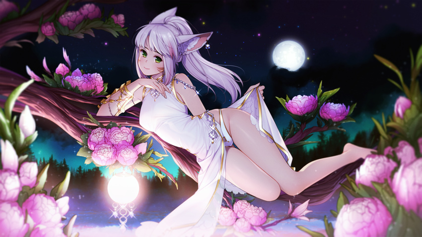 animal_ears cat_ears china_dress chinese_clothes dress earrings eventh7 facial_mark final_fantasy final_fantasy_xiv flower full_moon green_eyes highres jewelry long_hair looking_at_viewer lying miqo'te moon night on_side panties ponytail purple_hair ring side_slit sky sleeveless slit_pupils smile solo star_(sky) starry_sky tree underwear