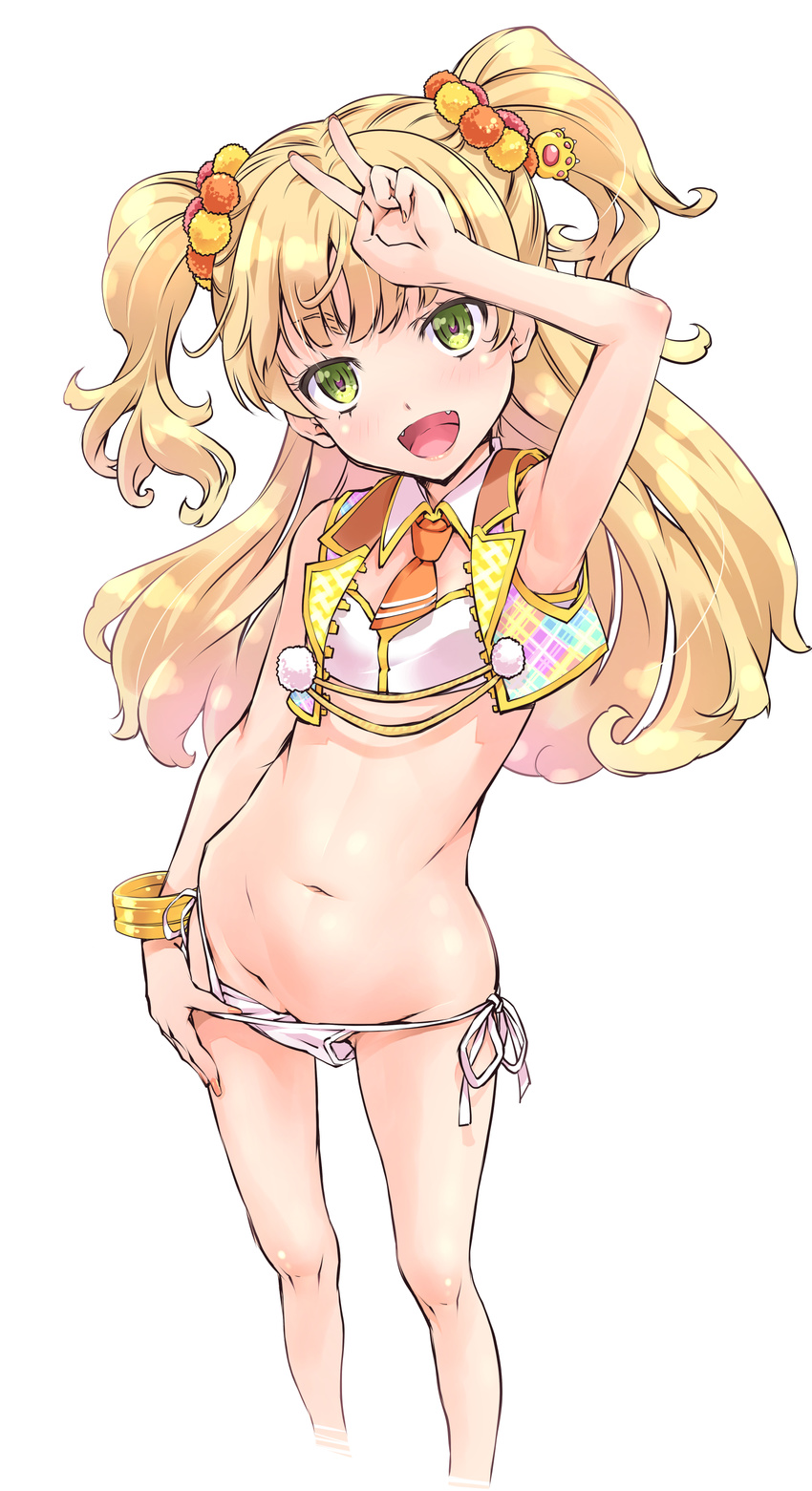 1girl :d arm_up armpits bangs bare_legs bare_shoulders blonde_hair cropped_legs eyebrows_visible_through_hair fangs female flat_chest groin hair_ornament idolmaster idolmaster_cinderella_girls jougasaki_rika long_hair looking_at_viewer midriff open_mouth panties panty_pull pulled_by_self side-tie_panties simple_background solo standing stomach suzuki24 tied_hair two_side_up underwear v white_background yellow_eyes