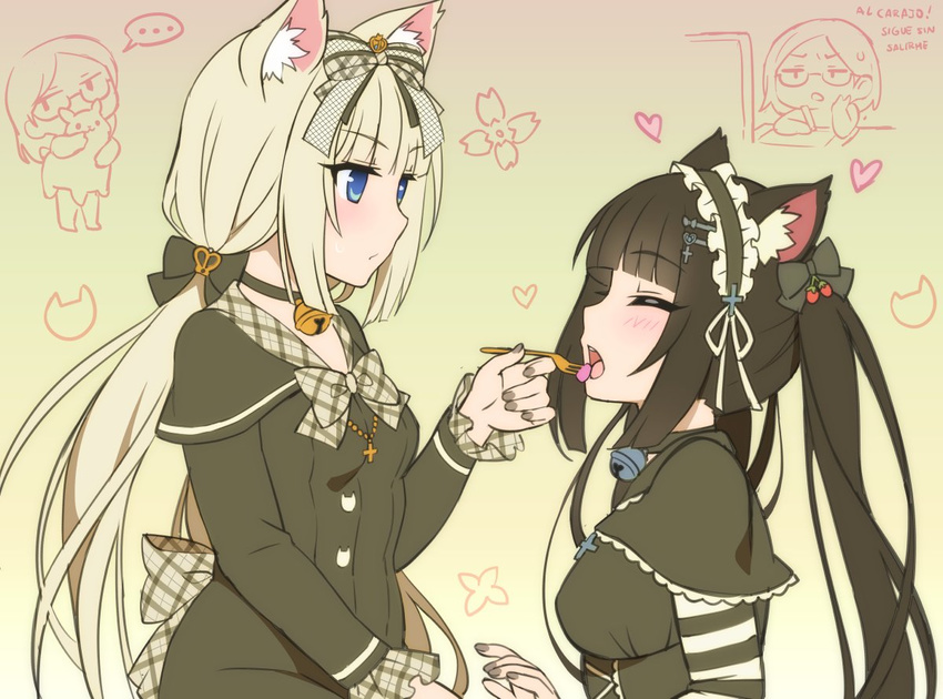 animal_ears artist_self-insert bangs bell bell_choker black_hair black_neckwear blue_eyes blunt_bangs bow capelet cat_ears chocola_(sayori) choker closed_eyes eyebrows_visible_through_hair feeding fork frilled_hairband frills grey_nails hair_bow hair_ornament hairband hairclip heart jingle_bell long_sleeves looking_at_another low_twintails multiple_girls nail_polish nekopara open_mouth plaid plaid_bow twintails vanilla_(sayori) wanaca white_background