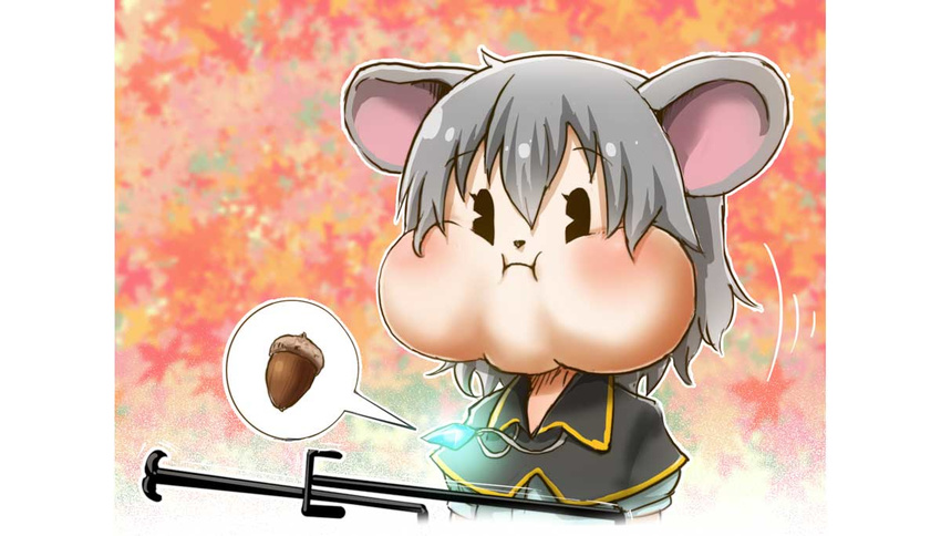 acorn animal_ears chamaji commentary_request dowsing_rod eyebrows_visible_through_hair full_mouth grey_hair hair_between_eyes jewelry mouse_ears nazrin necklace puffy_cheeks puffy_short_sleeves puffy_sleeves short_hair short_sleeves solo speech_bubble touhou