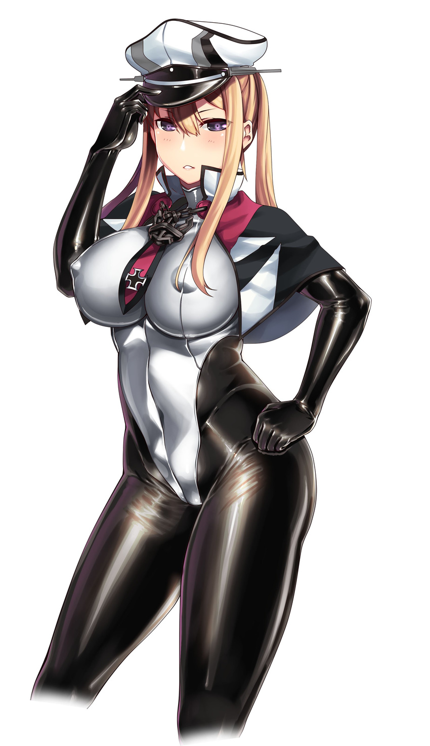 absurdres adapted_costume anchor blonde_hair blush bodysuit breasts capelet contrapposto covered_navel covered_nipples cowboy_shot cropped_legs eyebrows_visible_through_hair gloves graf_zeppelin_(kantai_collection) hair_between_eyes hand_on_headwear hand_on_hip hat hiememiko high_collar highres huge_breasts iron_cross kantai_collection large_breasts latex latex_gloves latex_legwear long_hair looking_at_viewer military military_uniform necktie nipples parted_lips peaked_cap purple_eyes shiny shiny_clothes sidelocks simple_background skin_tight solo standing twintails uniform v-shaped_eyebrows white_background