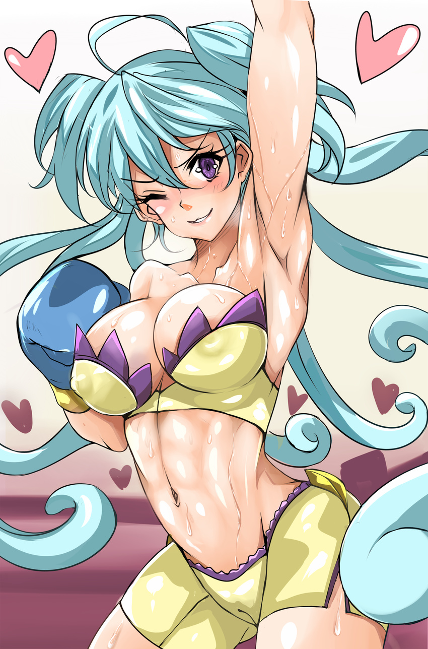 abs arm_up armpits bike_shorts blue_hair boxing_gloves breasts bustier cagliostro_(symphogear) cameltoe cleavage covered_nipples grin hair_between_eyes heart highres large_breasts long_hair looking_at_viewer nonoririn one_eye_closed purple_eyes senki_zesshou_symphogear shorts side_slit side_slit_shorts smile solo sweat very_long_hair yellow_shorts