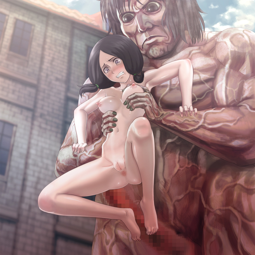 1boy 1girl anus areolae armpits barefoot black_hair blush breast_grab breasts censored cleft_of_venus clenched_teeth collarbone crying crying_with_eyes_open feet footjob from_below highres huge_penis imminent_rape legs long_penis mina_carolina mosaic_censoring navel nipples nude penis purple_eyes pussy scared shingeki_no_kyojin size_difference spread_legs tears thighs titan_(shingeki_no_kyojin) toes twintails veins youkai_ankake