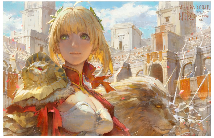 armor blonde_hair breasts cleavage cleavage_cutout closed_mouth collar crowd fate/extra fate/grand_order fate_(series) fur_trim green_eyes hair_ribbon krenz lion medium_breasts nero_claudius_(fate) nero_claudius_(fate)_(all) ribbon short_hair shoulder_armor solo