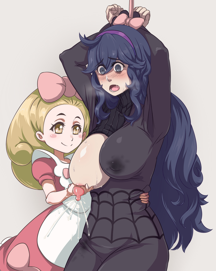 2girls @_@ areolae arms_up blush_stickers bound_wrists breast_grab breast_squeeze breasts chandelure dress erect_nipples fairy_tale_girl_(pokemon) hex_maniac_(pokemon) lactation large_breasts milk multiple_girls navel nipple_tweak nipples npc npc_trainer one_breast_out pale_skin pokemon pokemon_(game) pokemon_xy purple_eyes purple_hair restrained stomach torso_grab yas_(35373)