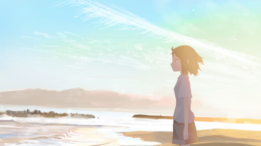 absurdres bangs banishment blonde_hair brown_shorts cloud commentary_request cowboy_shot day from_side highres looking_afar ocean original outdoors profile scenery shirt shore short_hair short_sleeves shorts solo standing waves white_shirt