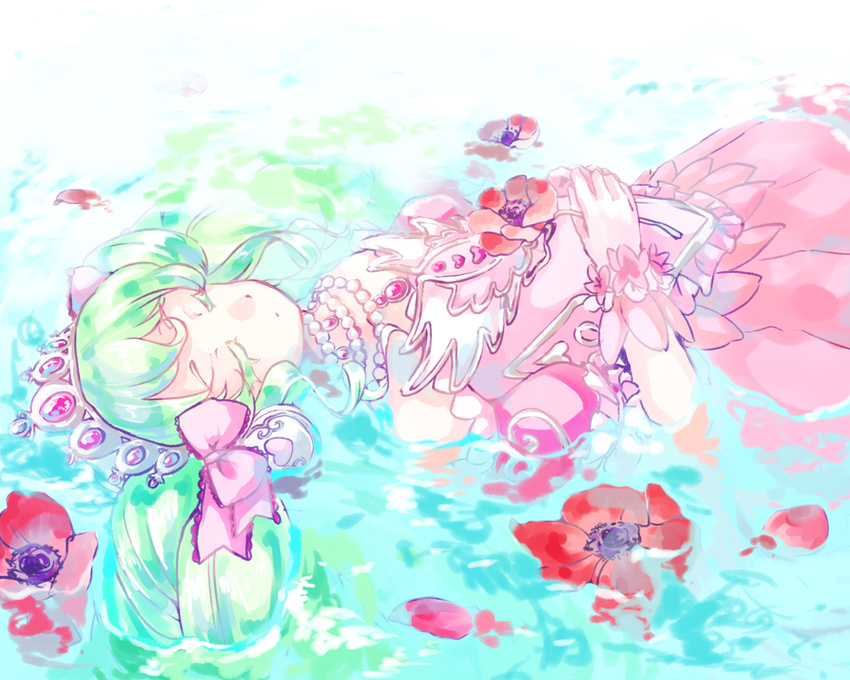 anemone_(flower) bow closed_eyes colored_eyelashes dress falulu flower gloves green_hair hair_bow hands_on_own_stomach jewelry lying necklace noromame on_back partially_submerged pearl_necklace pink_bow pink_dress pretty_(series) pripara puffy_short_sleeves puffy_sleeves red_flower short_sleeves solo tiara water