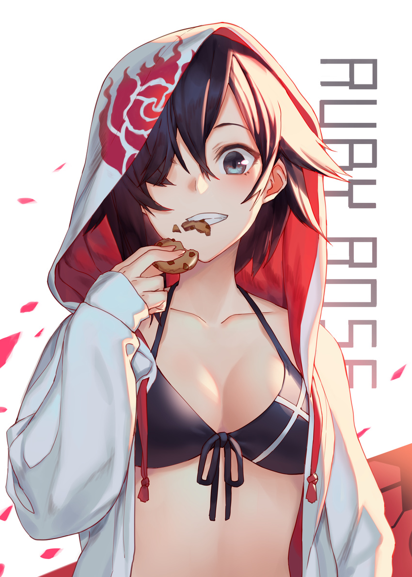 absurdres bikini_top black_bikini_top black_hair blue_eyes breasts character_name collarbone cookie eating food food_in_mouth front-tie_bikini front-tie_top grin hair_over_one_eye halterneck highres hood hoodie izumi_sai jacket looking_at_viewer medium_breasts open_clothes open_hoodie open_jacket petals ruby_rose rwby short_hair simple_background smile solo upper_body white_background