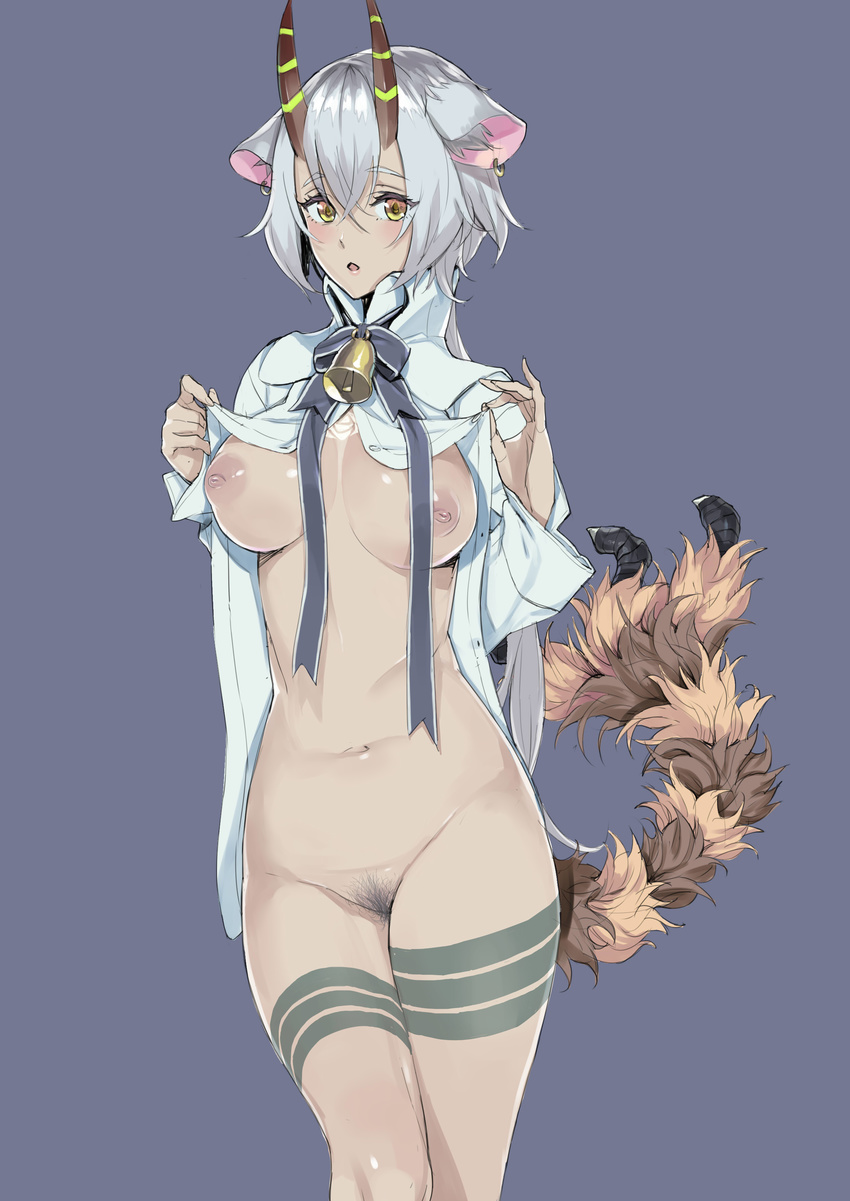 :o absurdres animal_ears areolae bell belphegor_(the_seven_deadly_sins) blush bottomless bow breasts breasts_apart dark_skin demon_girl dress_shirt ear_piercing fakepucco feet_out_of_frame hair_between_eyes highres horns large_breasts leg_tattoo lifted_by_self long_sleeves looking_at_viewer moderate_pubic_hair navel neck_ribbon nipples no_bra open_clothes open_mouth open_shirt piercing pubic_hair ribbon shirt shirt_lift short_hair simple_background solo standing tail tattoo the_seven_deadly_sins white_hair white_shirt yellow_eyes