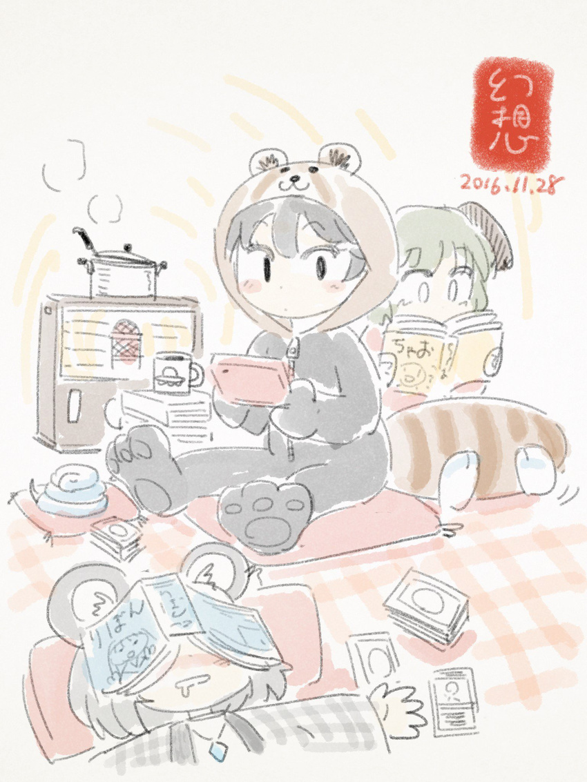 animal_ears black_hair card commentary commentary_request game_console gensoukoumuten green_hair grey_hair highres houjuu_nue incense jewelry kasodani_kyouko mosquito_coil mouse_ears multiple_girls nazrin onesie pendant pillow pot raccoon_tail radio reading sleeping tail touhou