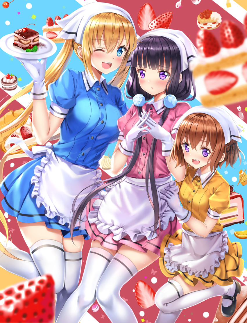 :d :o ;d apron bangs black_footwear blend_s blonde_hair blue_eyes blue_shirt blue_skirt blunt_bangs blurry_foreground blush brown_hair cake cherry collared_shirt commentary_request eyebrows_visible_through_hair food frilled_apron frills fruit girl_sandwich gloves hair_between_eyes hand_on_another's_hip head_scarf highres hinata_kaho holding holding_plate hoshikawa_mafuyu interlocked_fingers long_hair looking_away looking_to_the_side low_twintails mary_janes multiple_girls one_eye_closed open_mouth parted_lips pink_shirt pink_skirt plate pleated_skirt pom_pom_(clothes) puffy_short_sleeves puffy_sleeves purple_eyes purple_hair sakuranomiya_maika sandwiched shirt shoes short_hair short_sleeves single_stripe skirt slice_of_cake smile standing standing_on_one_leg stile_uniform strawberry strawberry_shortcake sweets swordsouls tareme thighhighs twintails uniform very_long_hair wafer_stick waist_apron waitress white_apron white_gloves white_legwear yellow_shirt yellow_skirt zettai_ryouiki