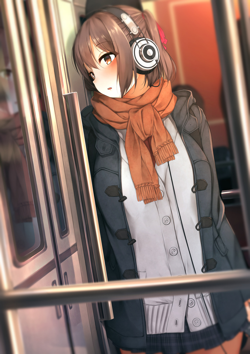 :o absurdres akg bad_revision bangs black_skirt blush brown_eyes brown_hair brown_scarf cardigan coat commentary_request downscaled_revision duffel_coat dutch_angle eyebrows_visible_through_hair fringe_trim hair_between_eyes headphones highres looking_to_the_side md5_mismatch miniskirt open_clothes open_coat original parted_lips plaid plaid_skirt pleated_skirt ponytail reflection rerrere scarf short_hair sidelocks skirt solo train_interior