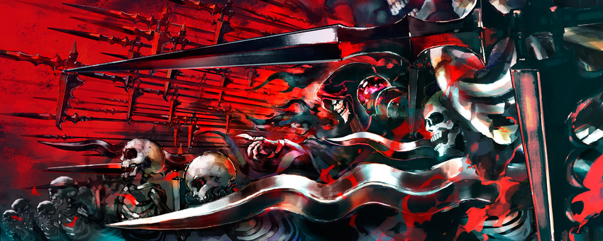 army commentary_request from_side hood hood_up hooded_robe horocca lance lich necromancer no_humans overlord_(maruyama) pointing pointing_forward polearm red_background red_sky robe skeleton skull sky soldier spear sword weapon