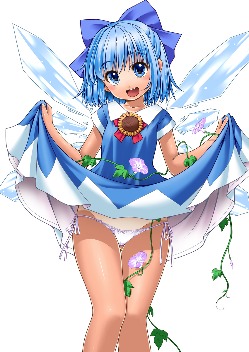 absurdres ass_visible_through_thighs blue_bow blue_dress blue_eyes blue_hair bow cirno dress dress_lift flower hair_bow head_tilt highres ice ice_wings lifted_by_self looking_at_viewer morning_glory one-piece_tan open_mouth panties side-tie_panties simple_background smile solo standing sunflower tan tanline tanned_cirno tomoki_tomonori touhou underwear white_background white_panties wings