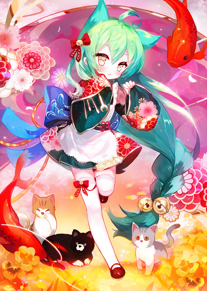 ahoge akashi_(azur_lane) animal_ears apron azur_lane bangs bell black_footwear blush bow braid cat cat_ears commentary_request fish floral_print goldfish green_hair green_kimono hair_bell hair_between_eyes hair_bow hair_ornament hands_up highres japanese_clothes jingle_bell kimono long_hair looking_at_viewer mary_janes moemoe3345 over-kneehighs parted_lips red_bow ribbon-trimmed_legwear ribbon_trim shoes sidelocks single_braid solo standing standing_on_one_leg thighhighs very_long_hair white_legwear wide_sleeves