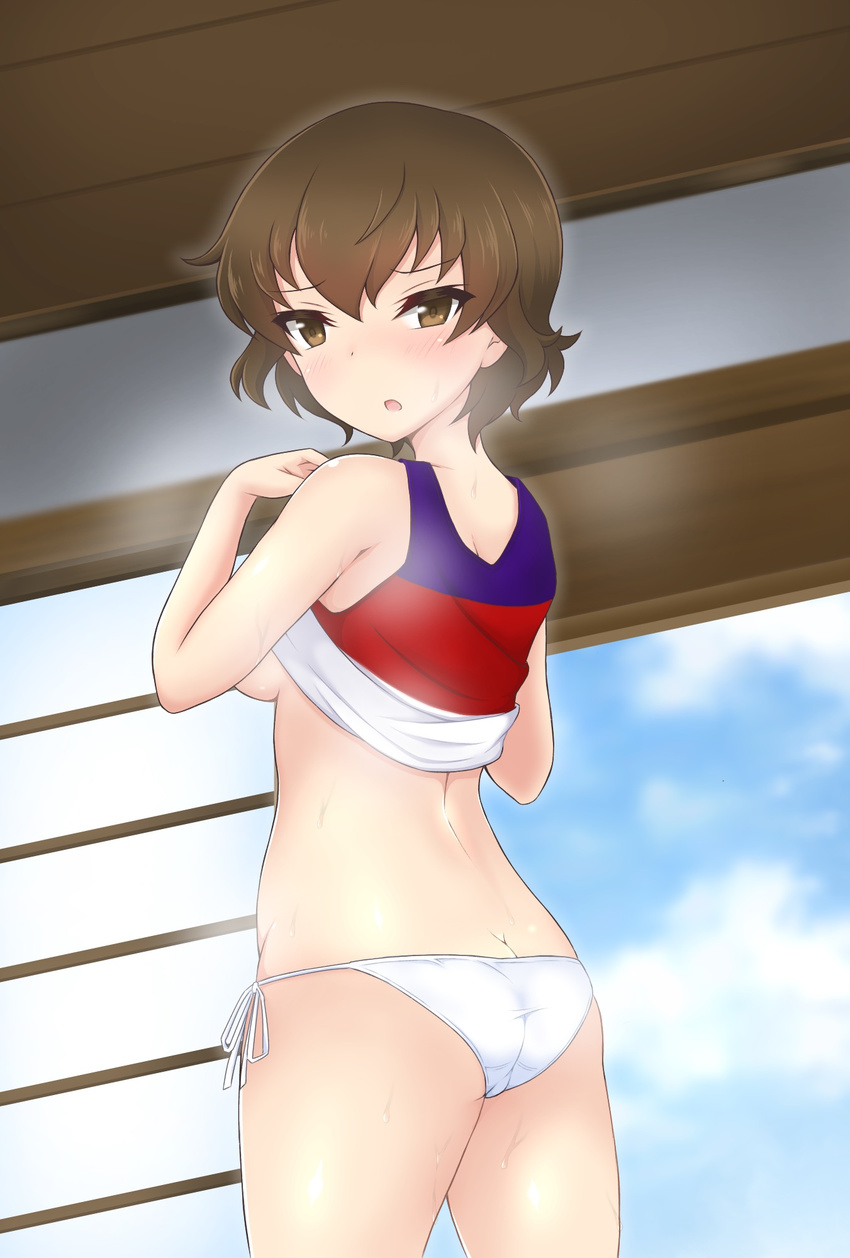 ass blush breasts brown_eyes brown_hair butt_crack caesar_(girls_und_panzer) cloud cloudy_sky convenient_arm day girls_und_panzer highres large_breasts looking_at_viewer open_mouth panties ryochapu short_hair side-tie_panties sky solo sweat underboob underwear undressing white_panties