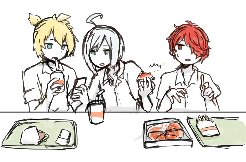 ahoge blonde_hair eating food french_fries fukase highres kagamine_len male_focus multiple_boys n03+ pizza red_hair school_uniform short_hair silver_hair tray utatane_piko vocaloid