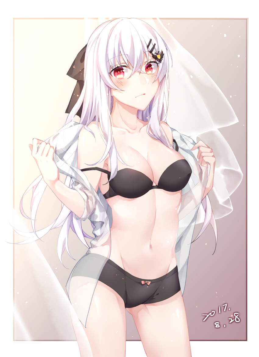 albino arms_up ass_visible_through_thighs bangs bare_shoulders black_bra black_panties black_ribbon blush bra breasts closed_mouth collarbone commentary_request cowboy_shot dated expressionless eyebrows_visible_through_hair eyes_visible_through_hair girls_frontline gleam hair_between_eyes hair_ornament hair_ribbon hairclip head_tilt highres holding_shirt iws-2000_(girls_frontline) light_particles long_hair looking_at_viewer medium_breasts navel p-mou panties red_eyes ribbon see-through shading shirt sidelocks simple_background solo standing stomach thighs underwear undressing white_hair white_shirt