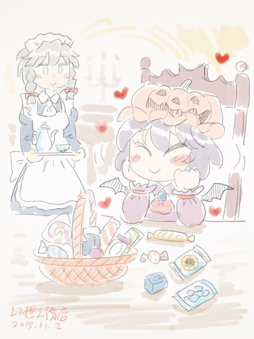 apron ascot basket bat_wings blue_dress blue_hair bow braid brooch candlestand candy commentary dress food gensoukoumuten hair_bow halloween hat heart highres izayoi_sakuya jewelry lavender_hair maid maid_apron maid_headdress mob_cap multiple_girls puffy_short_sleeves puffy_sleeves remilia_scarlet short_sleeves silver_hair smile touhou twin_braids waist_apron wings