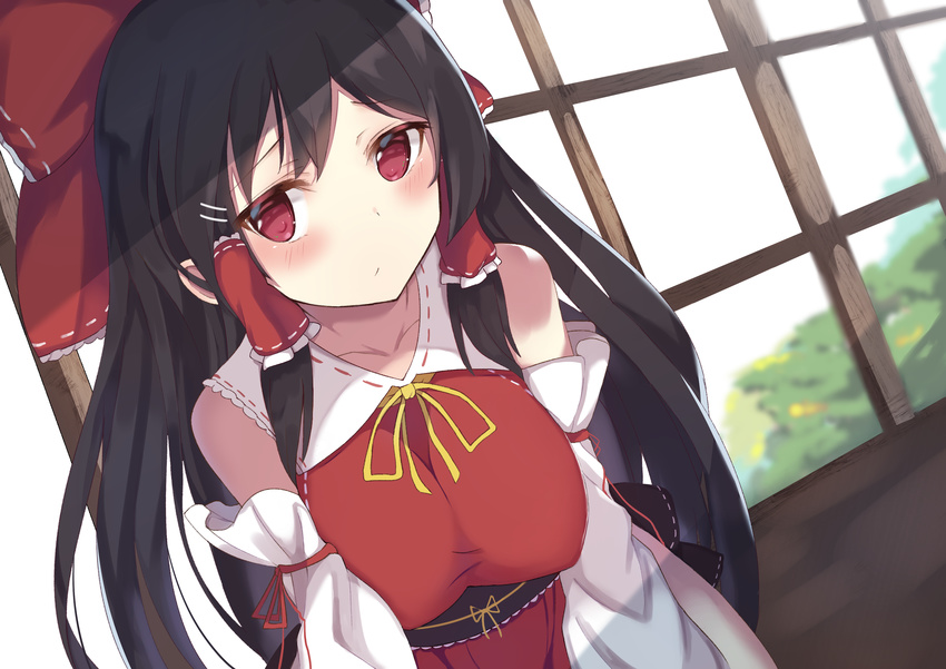absurdres bangs black_hair bow breasts commentary_request day detached_sleeves hair_bow hair_tubes hakurei_reimu highres indoors kogalashi large_breasts leaning_forward long_hair looking_at_viewer red_bow red_eyes red_ribbon ribbon sash solo touhou yellow_ribbon