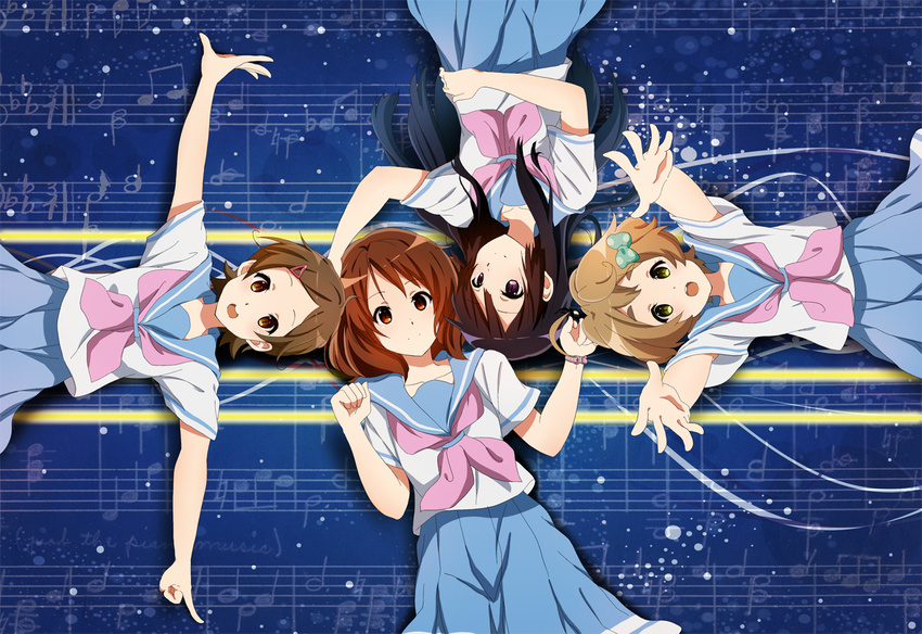 :o ahoge arms_up beamed_eighth_notes black_hair blue_skirt bow brown_eyes brown_hair collarbone dotted_quarter_note flat_sign from_above green_bow hair_bow hair_ornament hairclip half_note hibike!_euphonium index_finger_raised katou_hazuki kawashima_sapphire komugiko kousaka_reina looking_at_viewer lying multiple_girls musical_note natural_sign on_back oumae_kumiko outstretched_arms pink_neckwear pleated_skirt polka_dot polka_dot_bow quarter_note reaching_out shirt short_hair short_sleeves skirt smile staff_(music) time_signature watch white_shirt wristwatch yellow_eyes