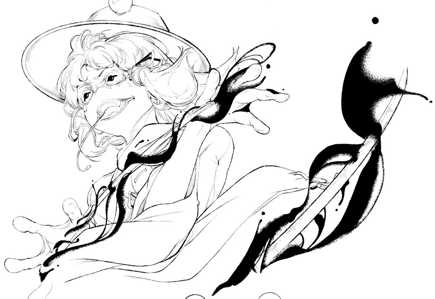 bad_id bad_twitter_id commentary_request frog_eyes frog_girl greyscale hair_ribbon hat hiyuu_(flying_bear) lineart long_tongue monochrome moriya_suwako open_mouth ribbon simple_background solo tongue touhou tress_ribbon upper_body white_background wide_sleeves