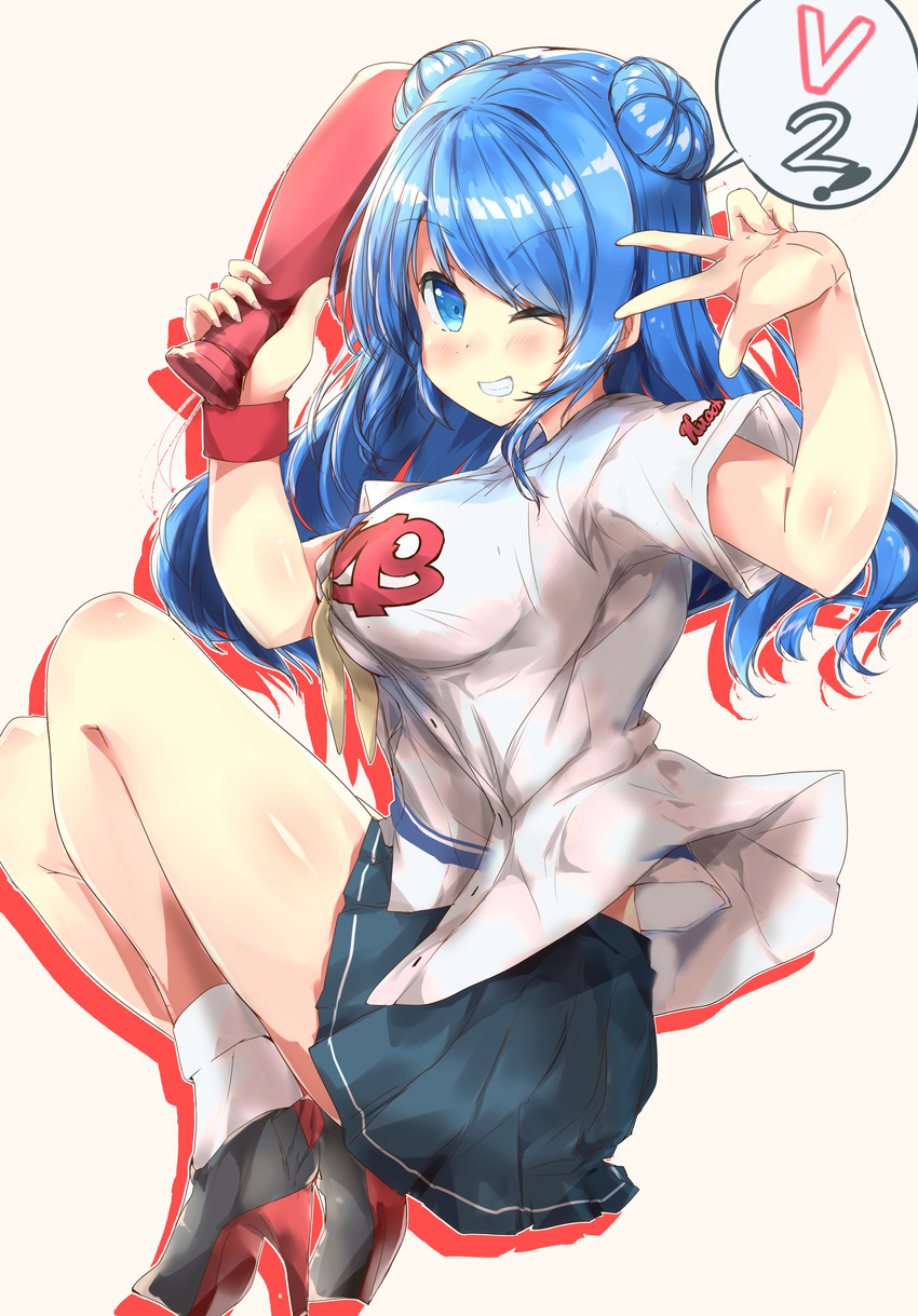 ;d absurdres alternate_costume baseball_cap baseball_uniform blue_eyes blue_hair breasts clothes_writing commentary_request double_bun hat highres hiroshima_touyou_carp kantai_collection large_breasts long_hair nagisa_(imizogami) nippon_professional_baseball one_eye_closed open_mouth pleated_skirt short_sleeves skirt smile socks solo sportswear urakaze_(kantai_collection) v