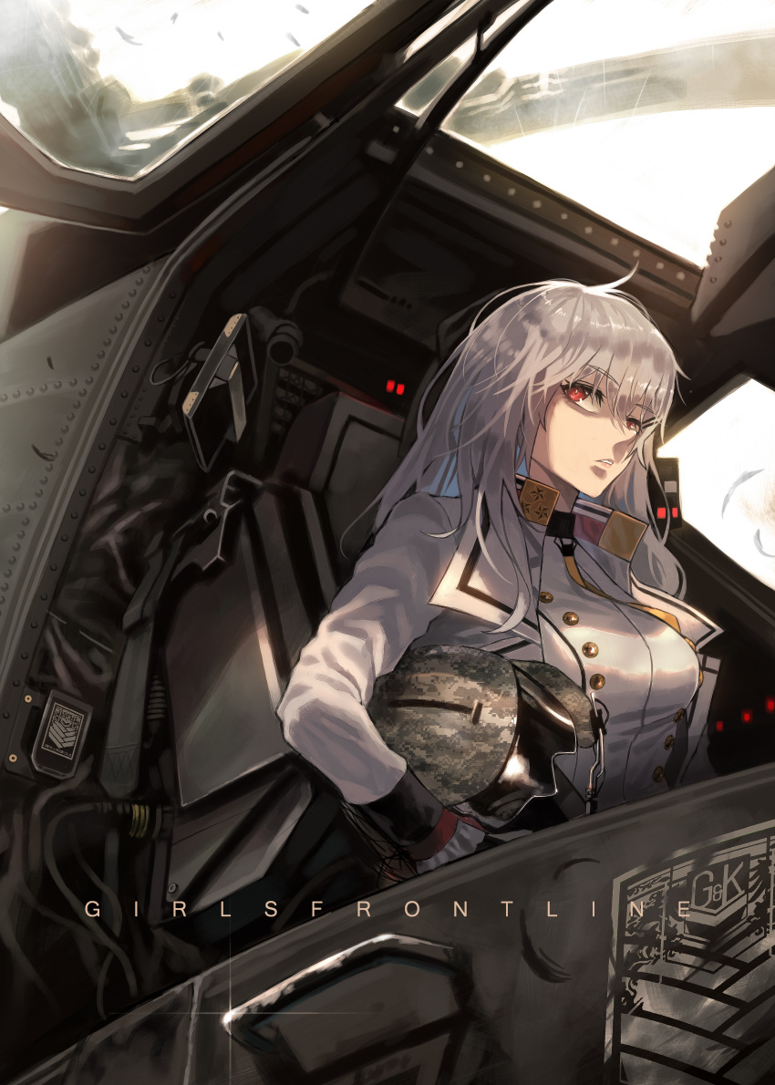 1girl absurdres bang5410 bangs bow breasts eyebrows_visible_through_hair girls_frontline glint gloves hair_between_eyes hair_ornament hair_ribbon hairclip headwear_removed helmet helmet_removed highres holding holding_helmet huge_filesize interior iws-2000_(girls_frontline) jacket long_hair looking_at_viewer military military_uniform open_clothes open_jacket parted_lips red_eyes ribbon shirt sidelocks silver_hair solo star uniform