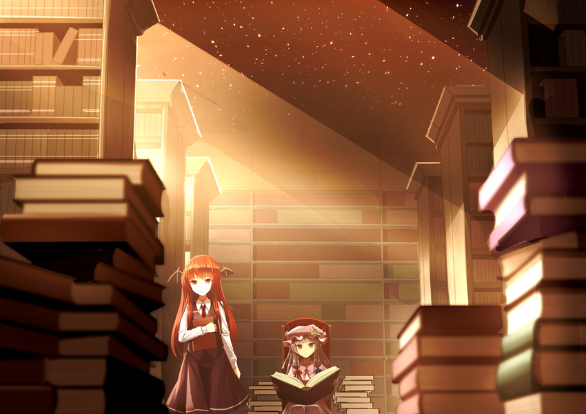 absurdres book book_stack bookshelf chair clere hair_ribbon hat head_wings highres koakuma light_particles long_hair looking_at_viewer mob_cap multiple_girls necktie patchouli_knowledge pile_of_books purple_eyes purple_hair red_eyes red_hair revision ribbon sitting skirt smile touhou vest